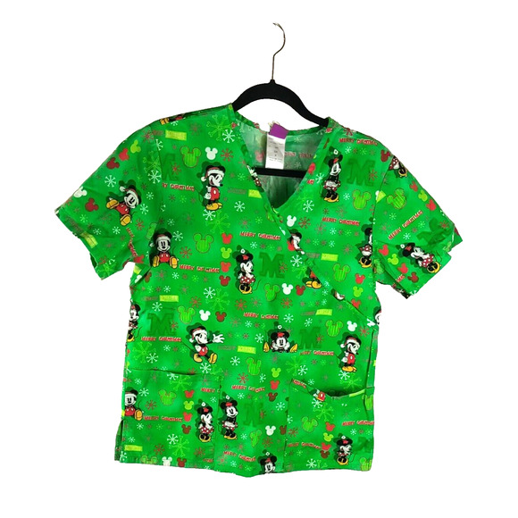 The Wonderful World Of Disney Women Scrub Top Size Small Mickey Mouse Christmas - Picture 1 of 5